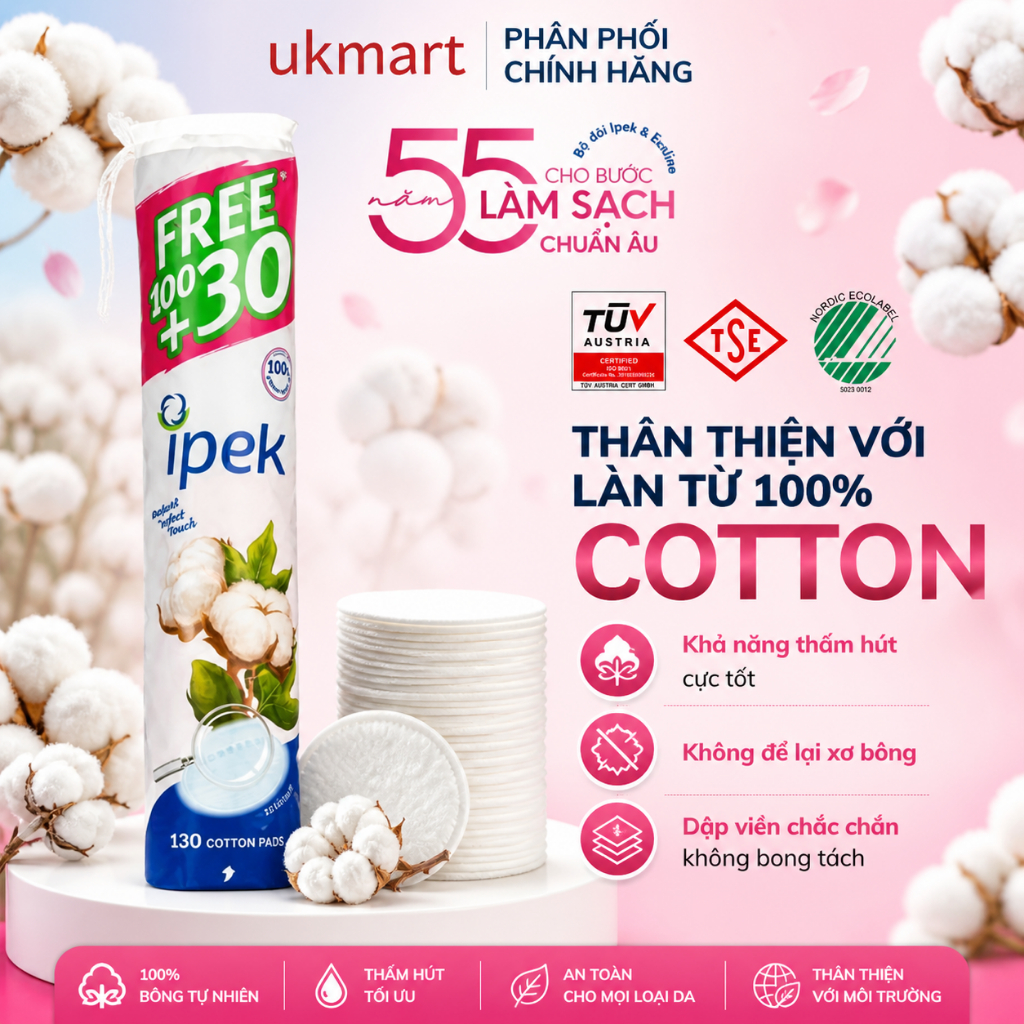 Bông Tẩy Trang Ipek Cotton Thổ Nhĩ Kỳ 120+30 Miếng