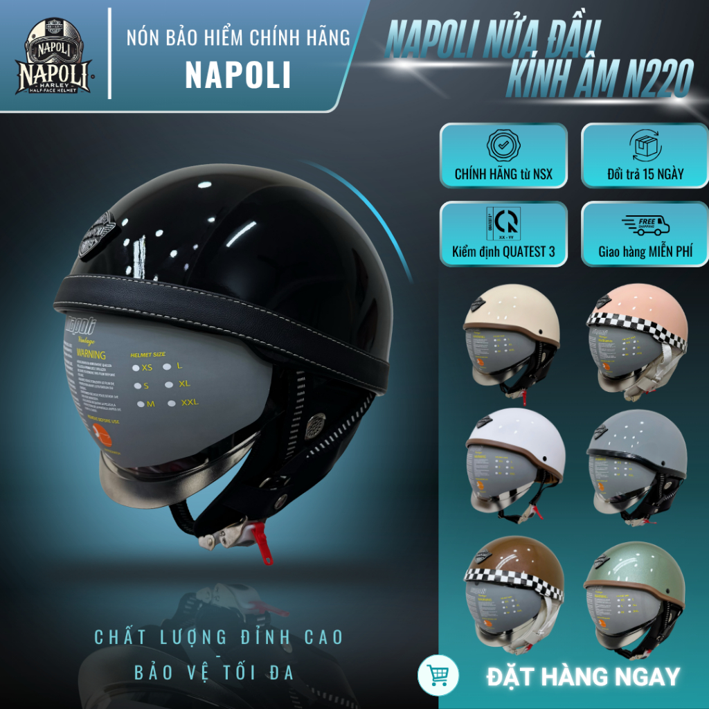 Mũ Bảo Hiểm Napoli Nhật 1/2 Kính Âm CHÍNH HÃNG - FREESHIP - Nón Bảo Hiểm Napoli Nửa Đầu Kính ÂM N220