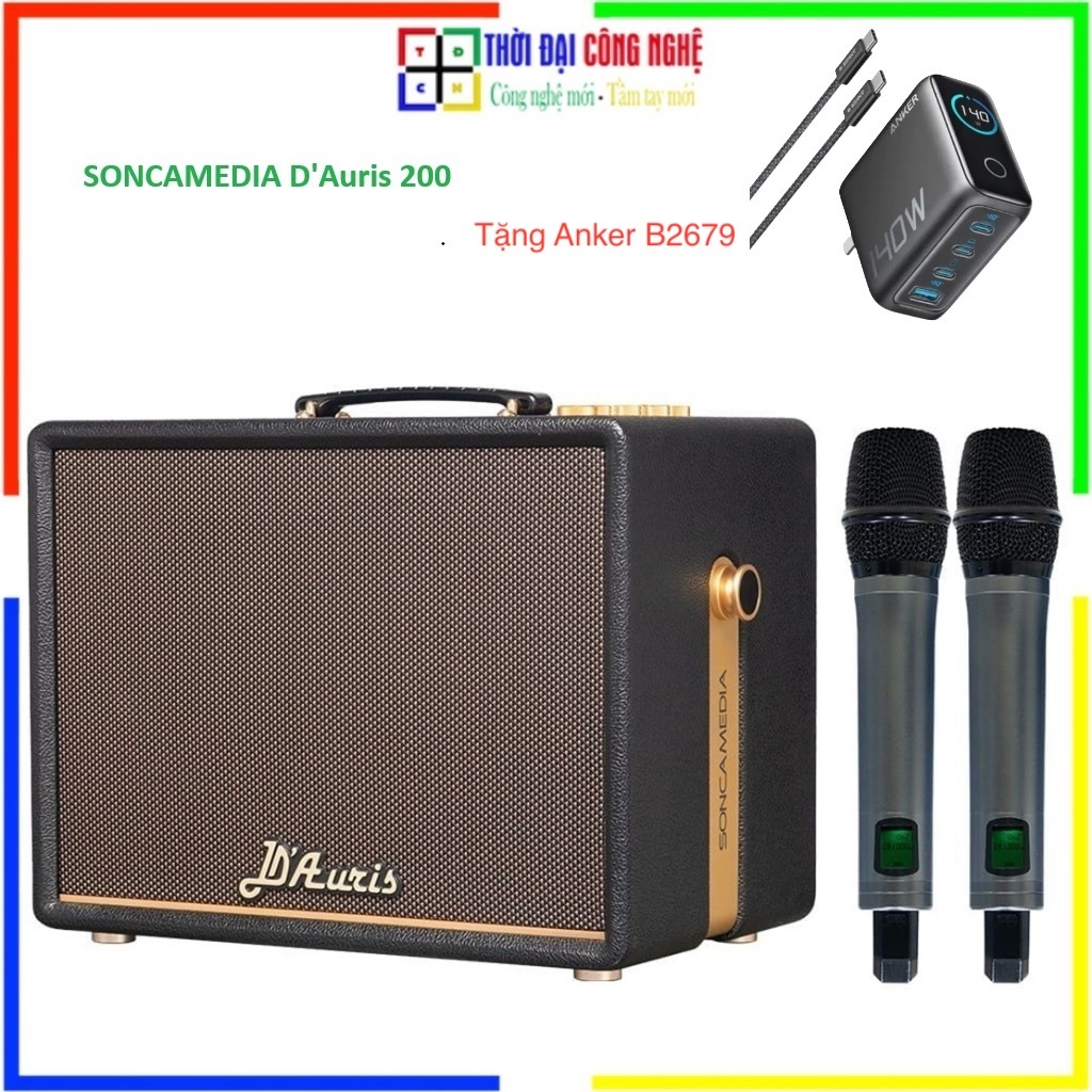 [Tặng Anker B2679] Loa Karaoke Di Động SONCAMEDIA D'Auris 200 - Công Suất 200W, Kèm 2 Micro Không Dâ
