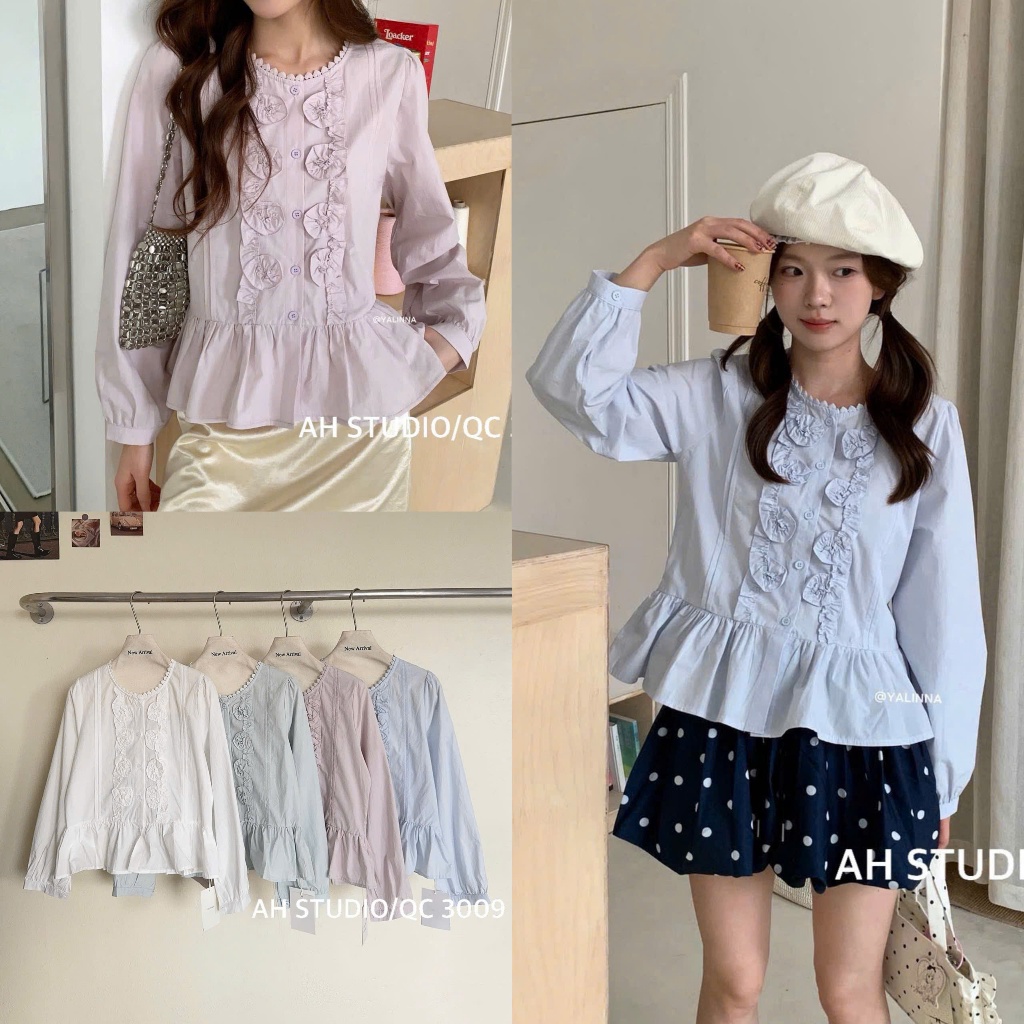 METWO. - Áo sơ mi thô trơn babydoll ly bèo kiểu phối hoa nổi cổ tròn chân xoè QC dài tay ulzzang tiểu thư Hàn Quốc #3009 | BigBuy360 - bigbuy360.vn