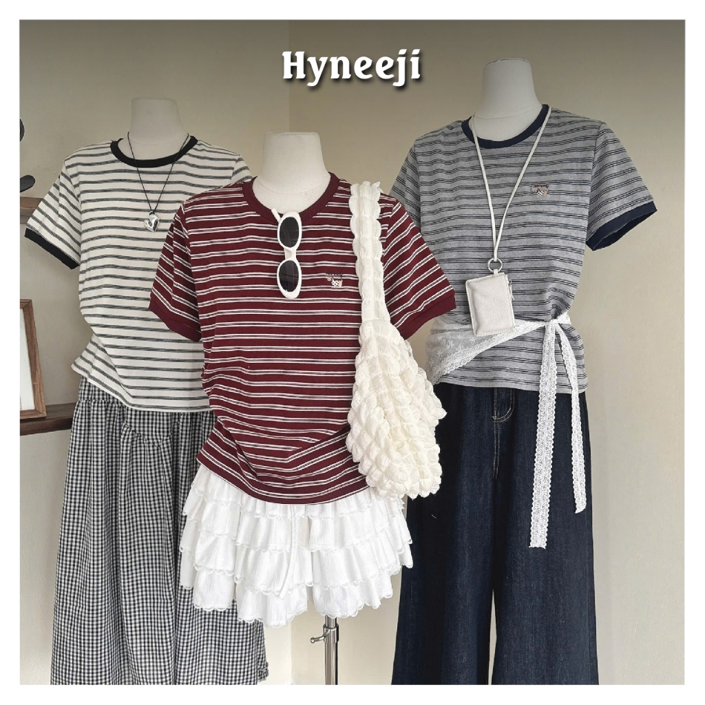 Áo thun tay ngắn kẻ ngang thêu cún phong cách Hàn Quốc 11132 A.STUDIO Hyneeji #HA418