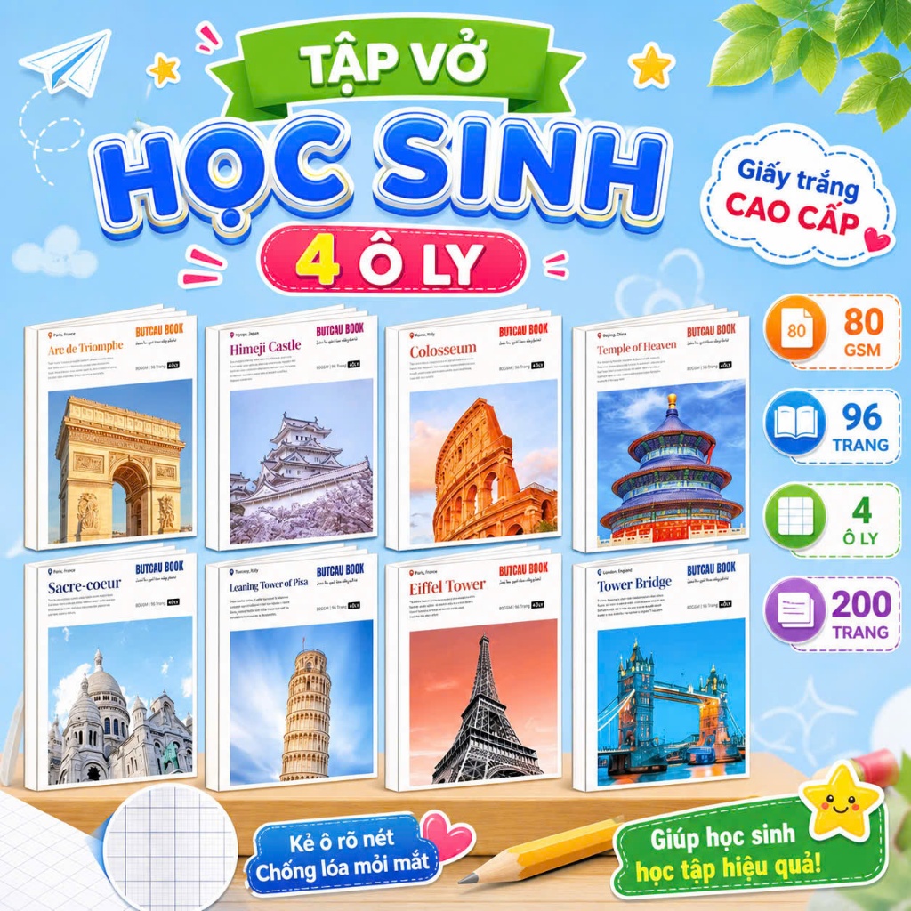 Tập vở học sinh ô ly bìa siêu đáng yêu - 100 trang 200 trang - vở 4 ô ly - vở 5 ô ly