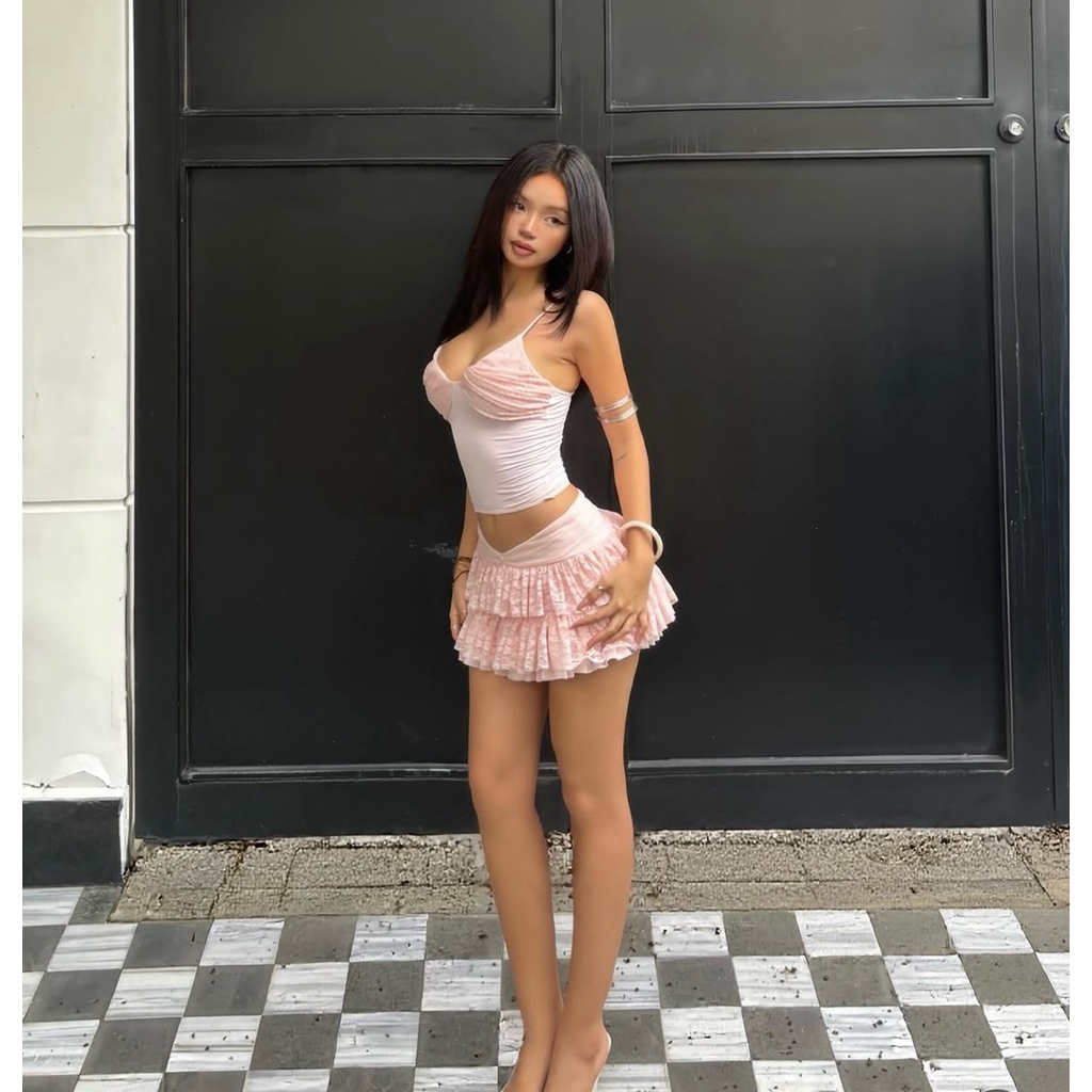 [Sẵn] Set Bộ Áo Hai Dây Corset Phối Ren + Chân Váy Tầng Bèo Xoè Màu Hồng Pastel Phong Cách Coquette Balletcore Gợi Cảm | BigBuy360 - bigbuy360.vn
