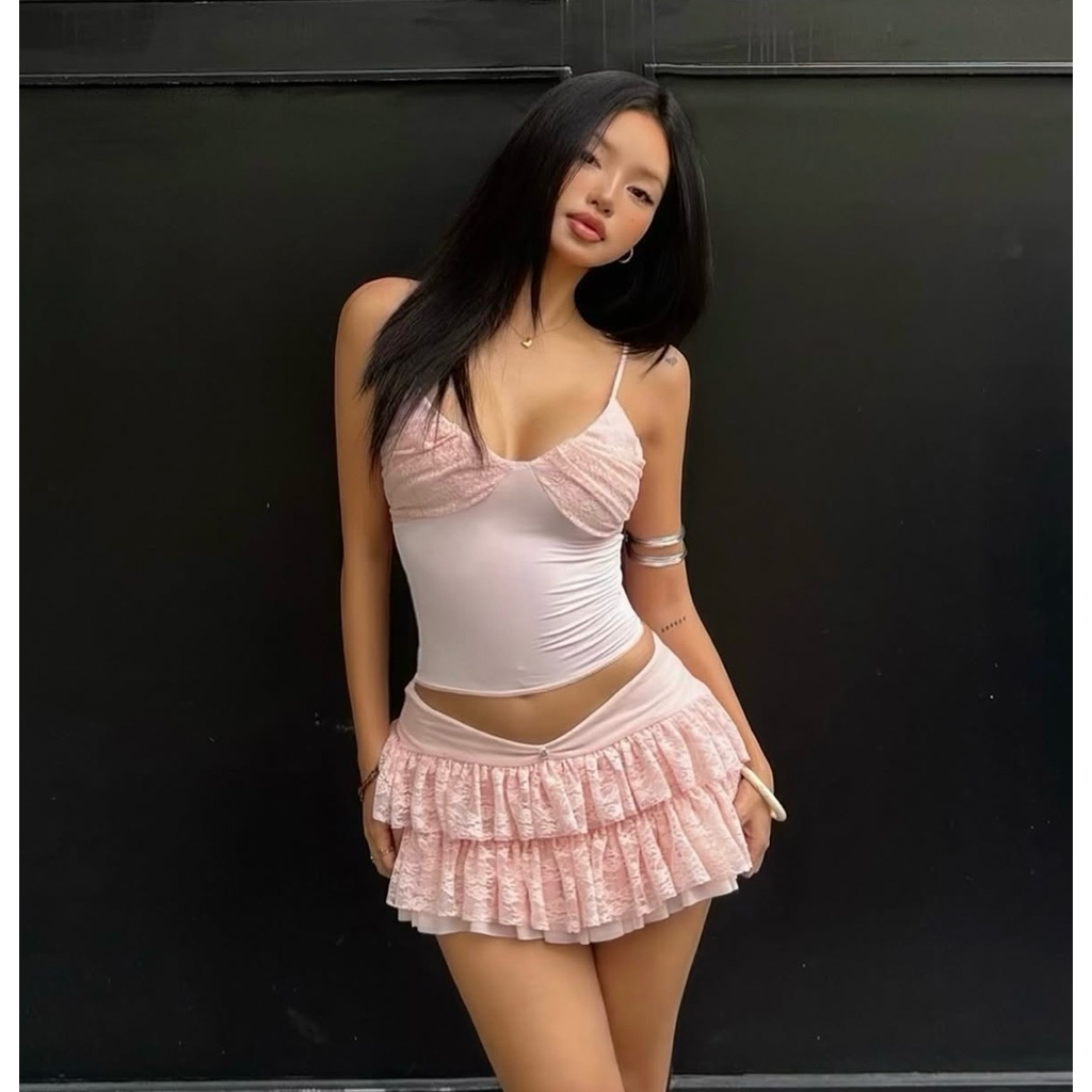 [Sẵn] Set Bộ Áo Hai Dây Corset Phối Ren + Chân Váy Tầng Bèo Xoè Màu Hồng Pastel Phong Cách Coquette Balletcore Gợi Cảm
