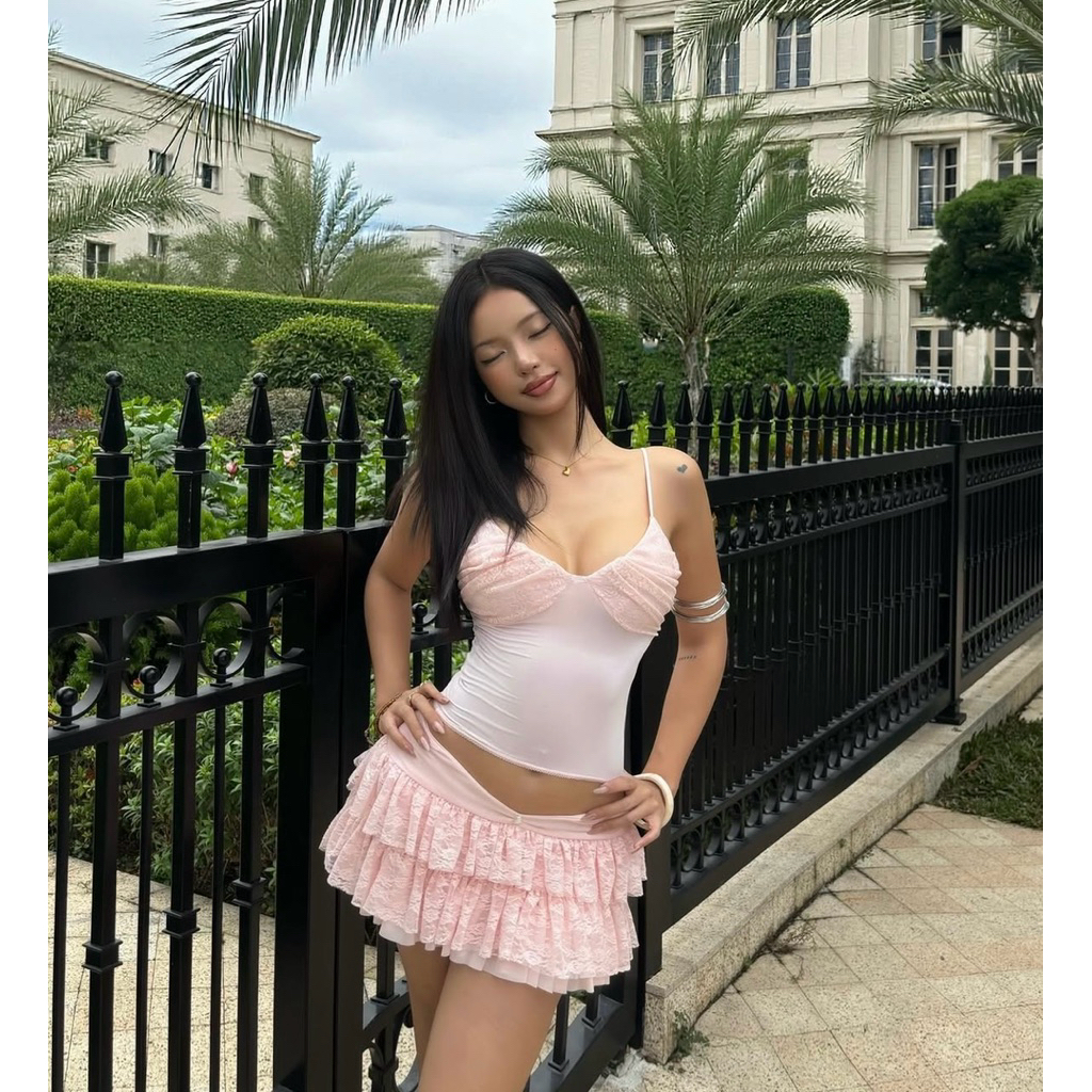 [Sẵn] Set Bộ Áo Hai Dây Corset Phối Ren + Chân Váy Tầng Bèo Xoè Màu Hồng Pastel Phong Cách Coquette Balletcore Gợi Cảm | BigBuy360 - bigbuy360.vn