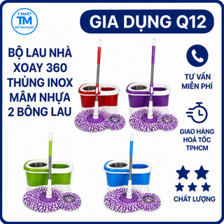 Bộ Thùng Lau Nhà vuông mâm nhựa lồng Inox Xoay 360 tự vắt  Bộ Chổi Lau nhà Thông Minh 2 bông lau