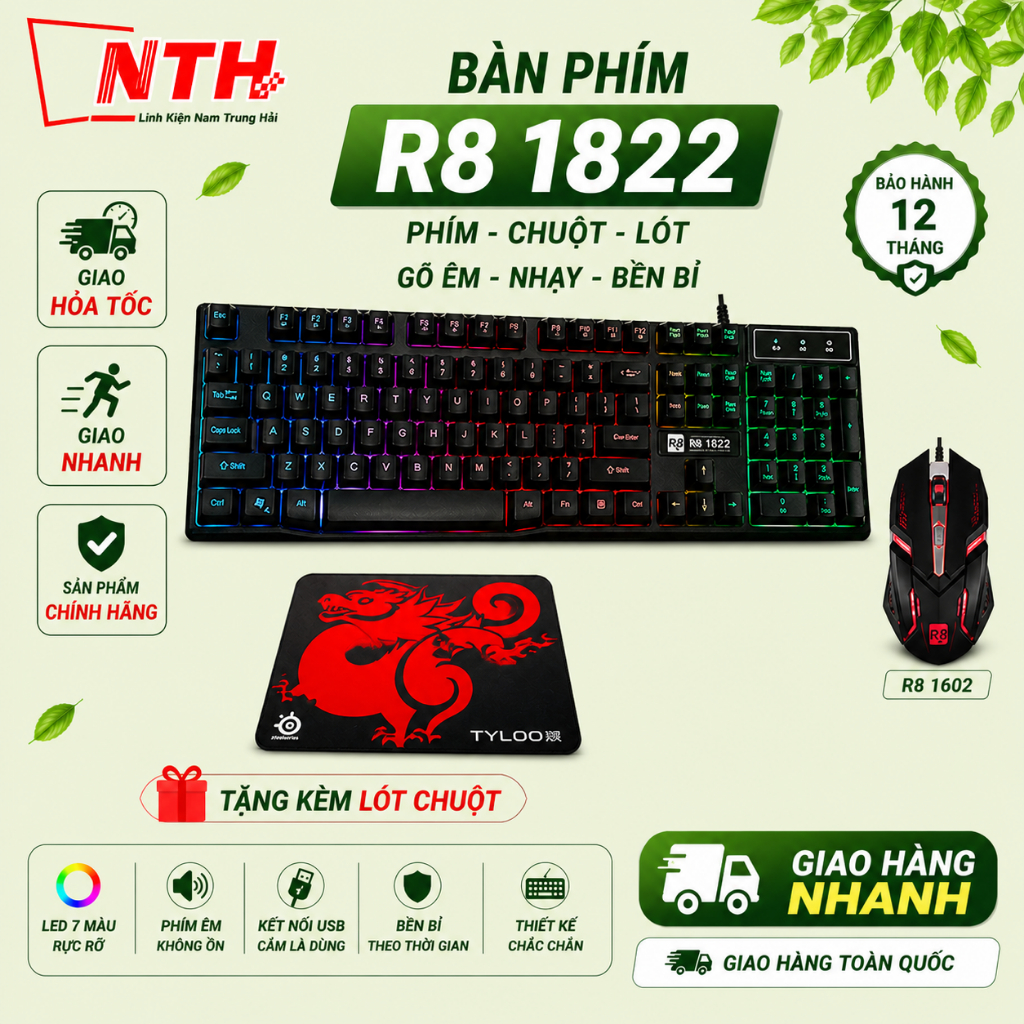 [Tặng lót G88] Bàn phím R8 1822 + CHUỘT R8 1602