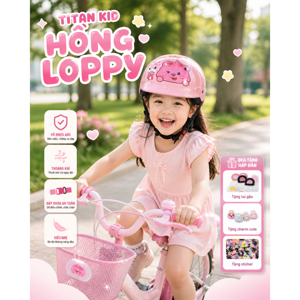 Nón bảo hiểm cho Bé (15-30kg) in hình Capybara, Loppy,... gắn sticker 3D đạt chuẩn an toàn, nhiều mà