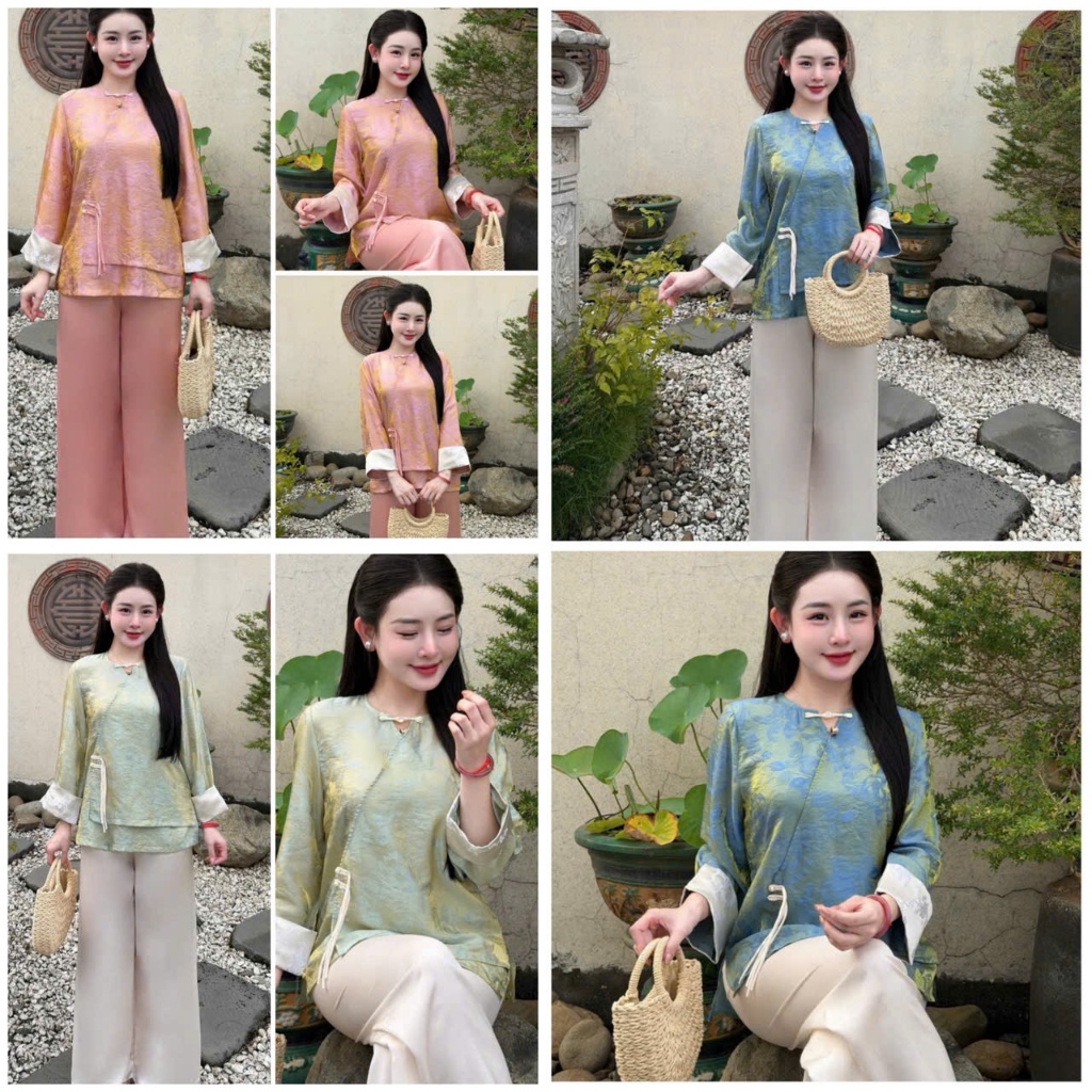Đồ Lam Đi Chùa # Bộ Lụa Ánh Kim 1 Nút # Quần Áo Nữ # Bộ Đồ Truyền Thống Nữ