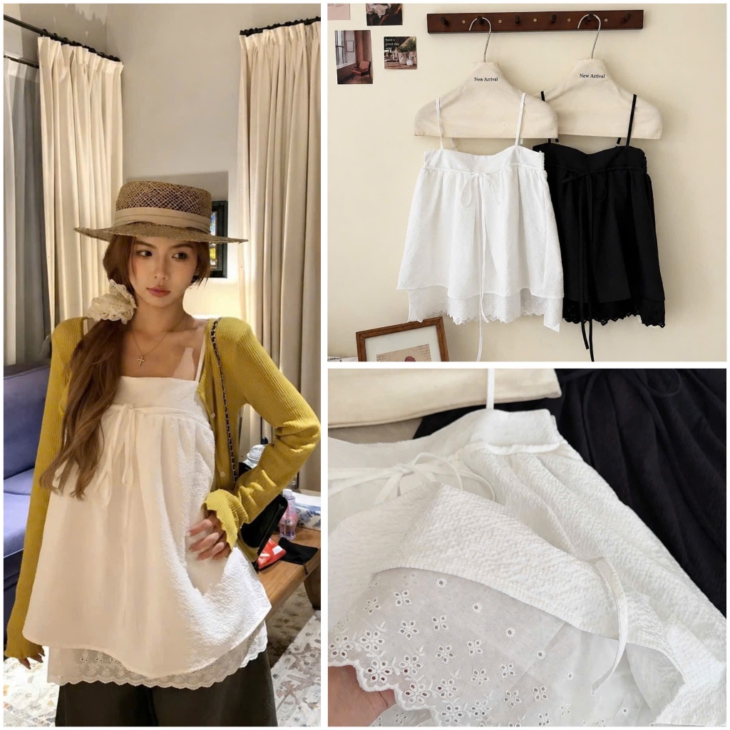 Áo 2 Dây Babydoll Nơ Ngực Mix Gấu Ren Hàng QC Cao Cấp 7203 The Babydoll Dress