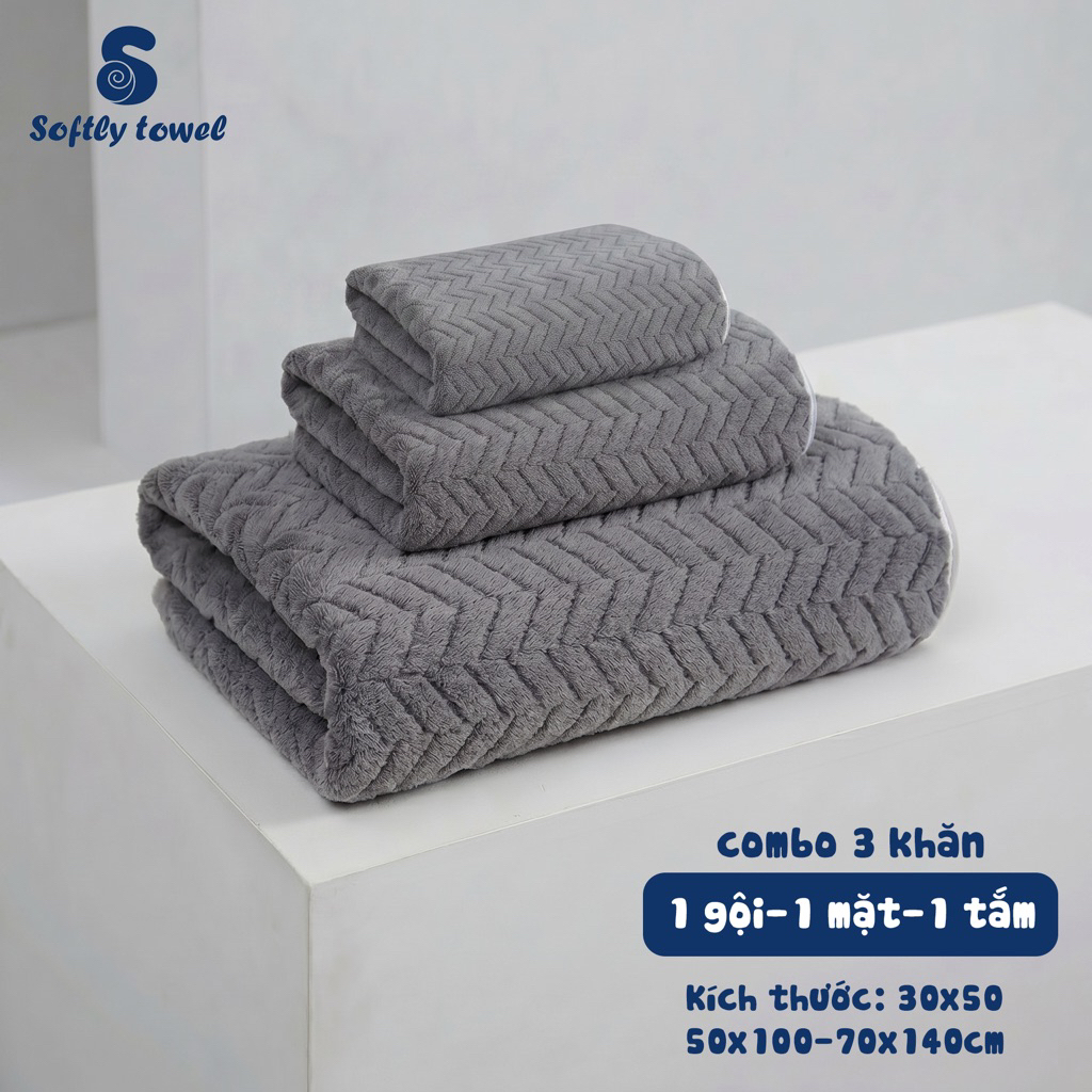 Combo 3 Khăn Lông Cừu Softly Towel Toàn Diện/ (1 Mặt (30x50), 1 Gội (50x100), 1 Tắm (70x140).)
