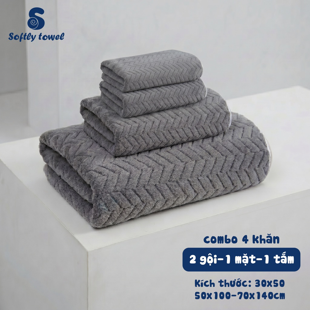 Combo 4 Khăn  Lông Cừu Softly Towel Chăm Sóc Da (2 Mặt + 1 Gội + 1 Tắm)/ 2 Khăn 30x50, 1 Khăn 50x100