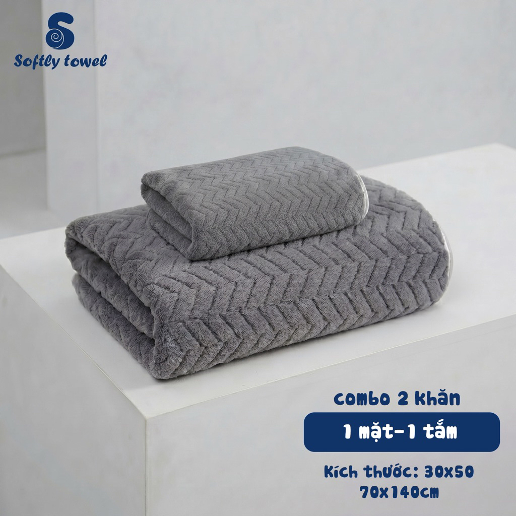 Combo 2 Khăn Lông Cừu Softly Towel Tiết Kiệm (1 Tắm 70x140 + 1 Gội 50x100)