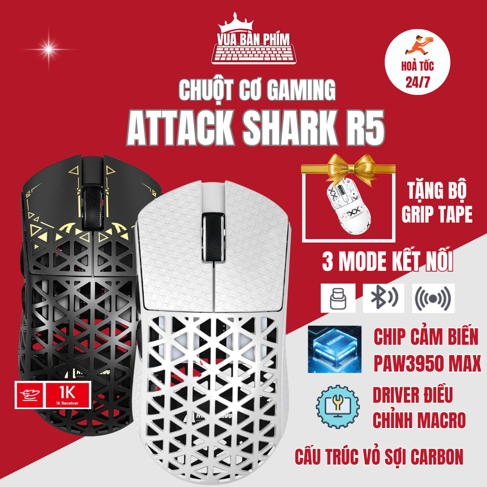 Chuột cao cấp không dây gaming attack shark R5 Ultra cấu trúc sợi carbon siêu chip pw3950 max, dongl