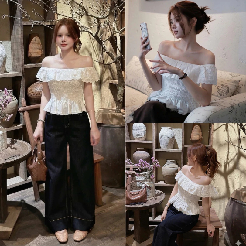 Áo trễ vai thô viền ren hoa nổi bo chun dáng xoè nhẹ BEOLA TOP, áo trễ vai nữ | BigBuy360 - bigbuy360.vn