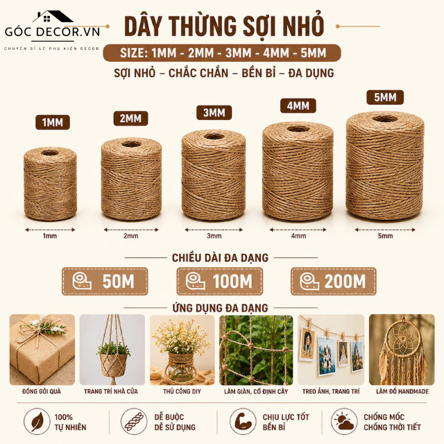 Dây thừng 1mm,2mm,3mm,4mm,5mm, dây thừng trang trí, dây đay, làm handmade, decor, cào móng mèo