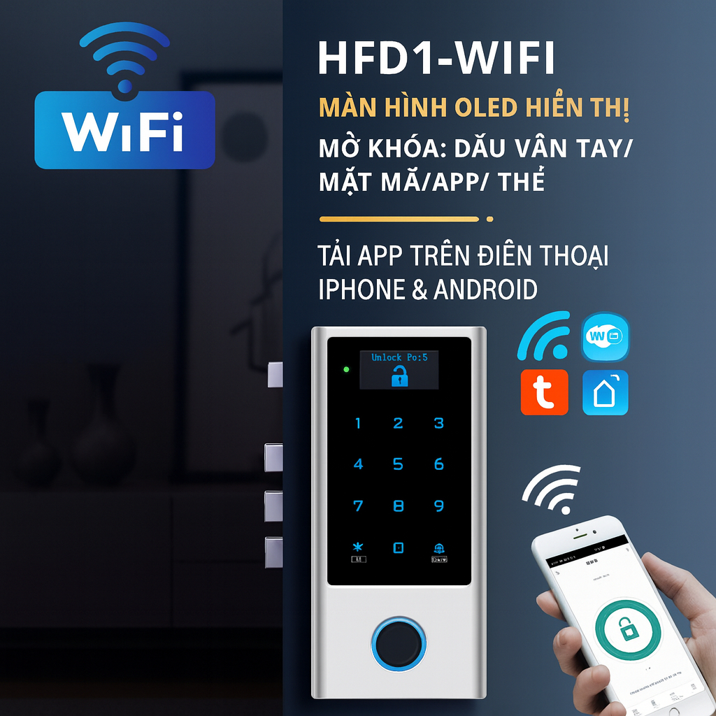 Khoá vân tay Tuya HF1, HFD1, kiểm soát vân tay máy châm công, văn phòng, chung cư, kiểm soát từ xa