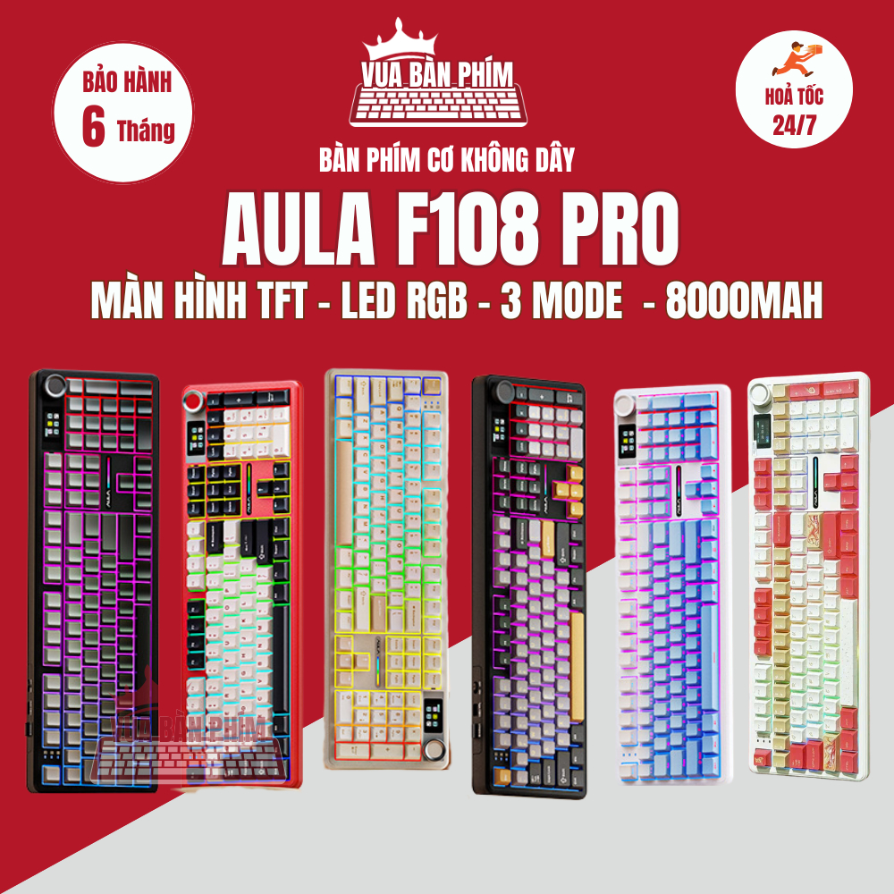 Bàn phím cơ không dây Aula F108 | aula f108 pro, màn hình tùy chỉnh , mạch xuôi, 3 mode, hotswap, le