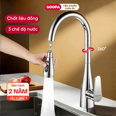Vòi rửa chén dây rút nóng lạnh GOOPA 3 chế độ xả nước, chất liệu đồng xoay 360° linh hoạt