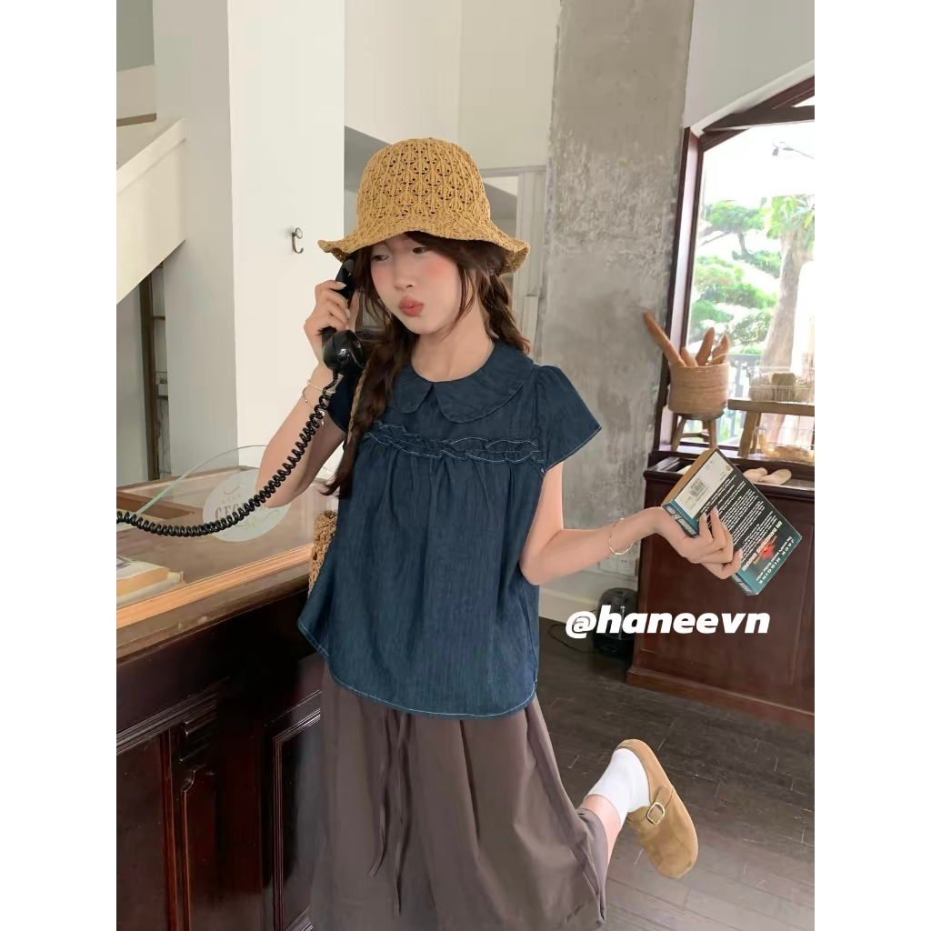 Áo Sơ Mi Cộc Tay Nữ Màu Denim Cổ Sen AH13