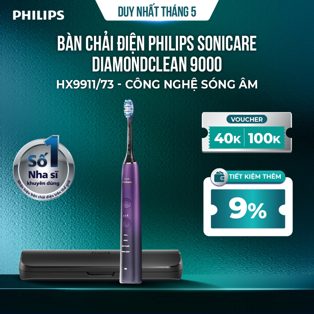 Bàn chải điện Philips Sonicare HX9911 DiamondClean 9000 – công nghệ sóng âm, bảo vệ nướu