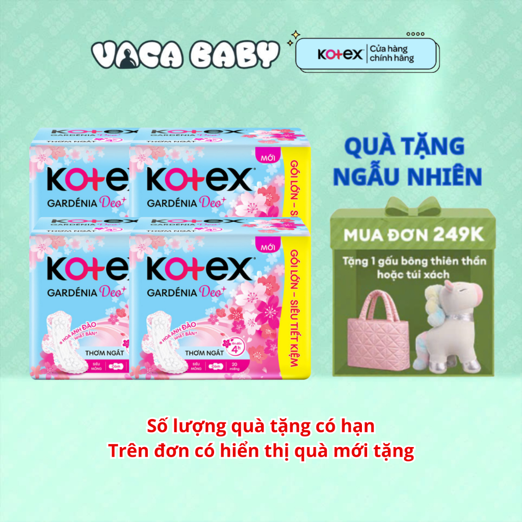 Combo 4 gói Băng Vệ Sinh Kotex Gardenia Deo+ Hoa Anh Đào Siêu Mỏng Cánh Gói 20 Miếng