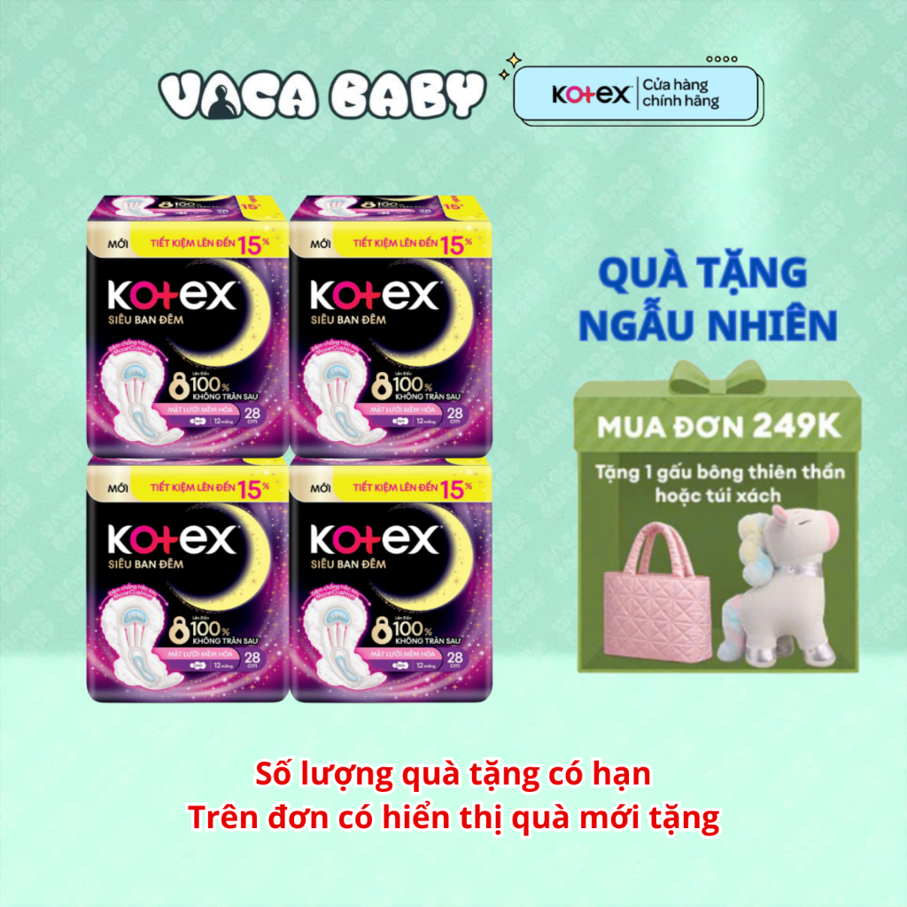 Combo 4 gói BVS Kotex ban đêm 28cm gói 12 miếng/ Kotex ban đêm 35cm gói 8 miếng tiết kiệm Vaca Baby