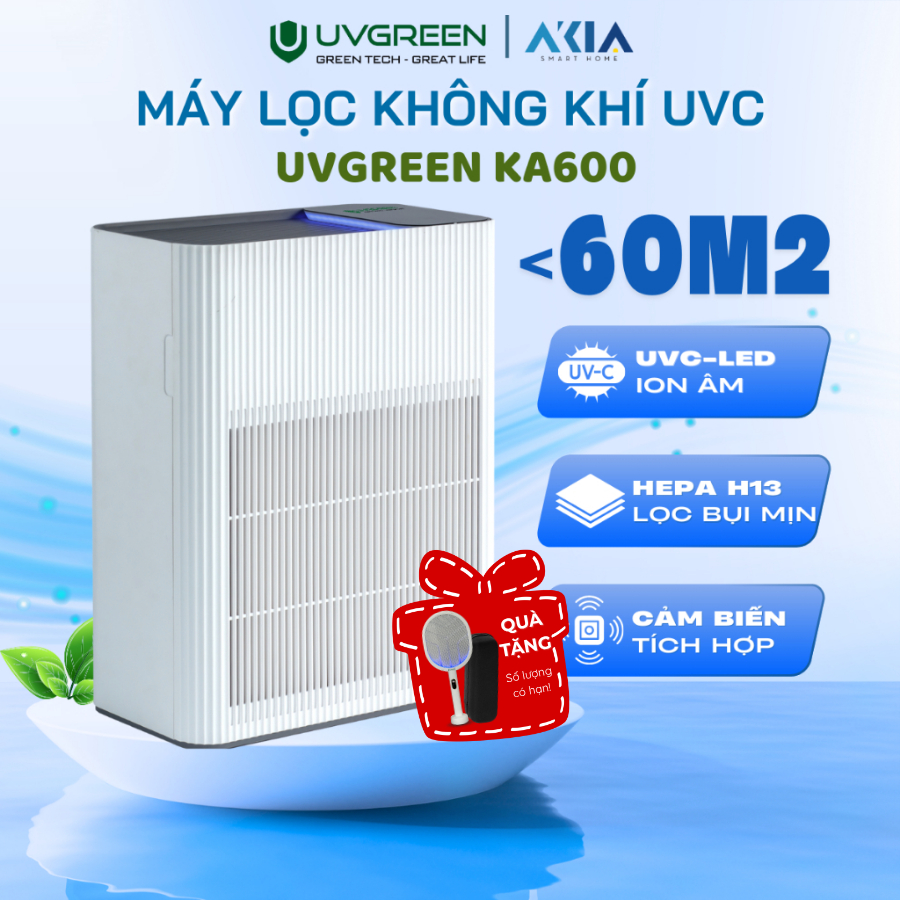 Máy lọc không khí UVGREEN KA600 | Diện tích dùng 60m2, Diệt khuẩn không khí, Lõi lọc bụi mịn 3 lớp