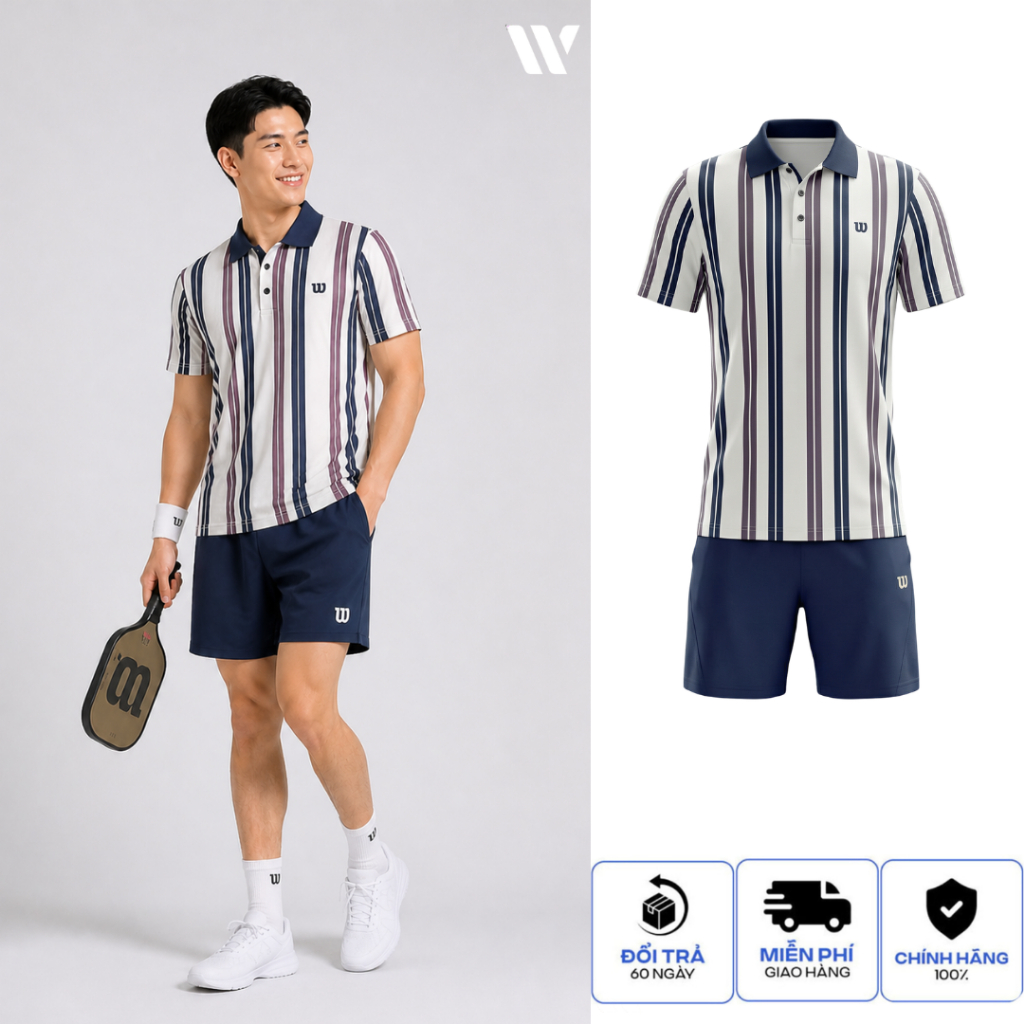 Set Quần Áo Pickleball Wilson Nam Cao Cấp – Áo Polo Kẻ Sọc + Quần Short Thể Thao 6 Inch
