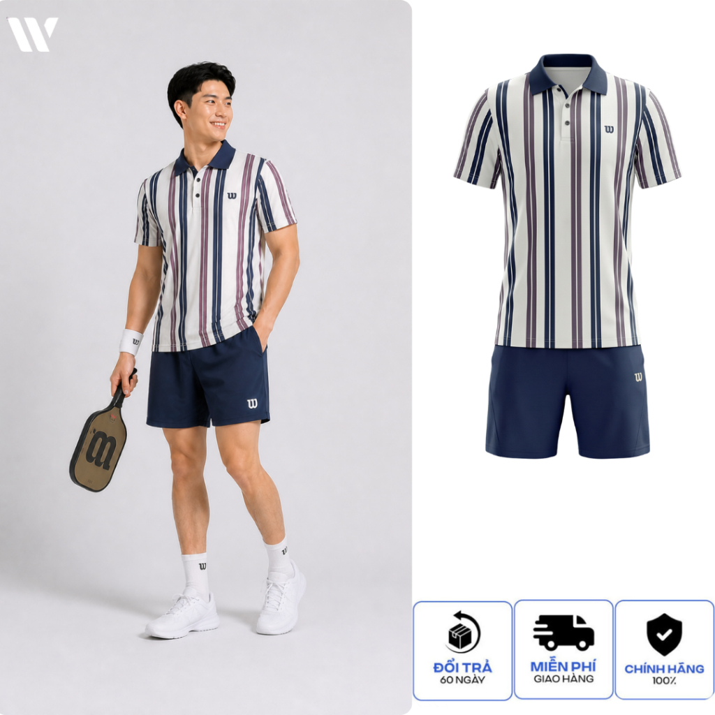 Set Quần Áo Pickleball Wilson Nam Cao Cấp – Áo Polo Kẻ Sọc Họa Tiết + Quần Short Thể Thao 6 Inch
