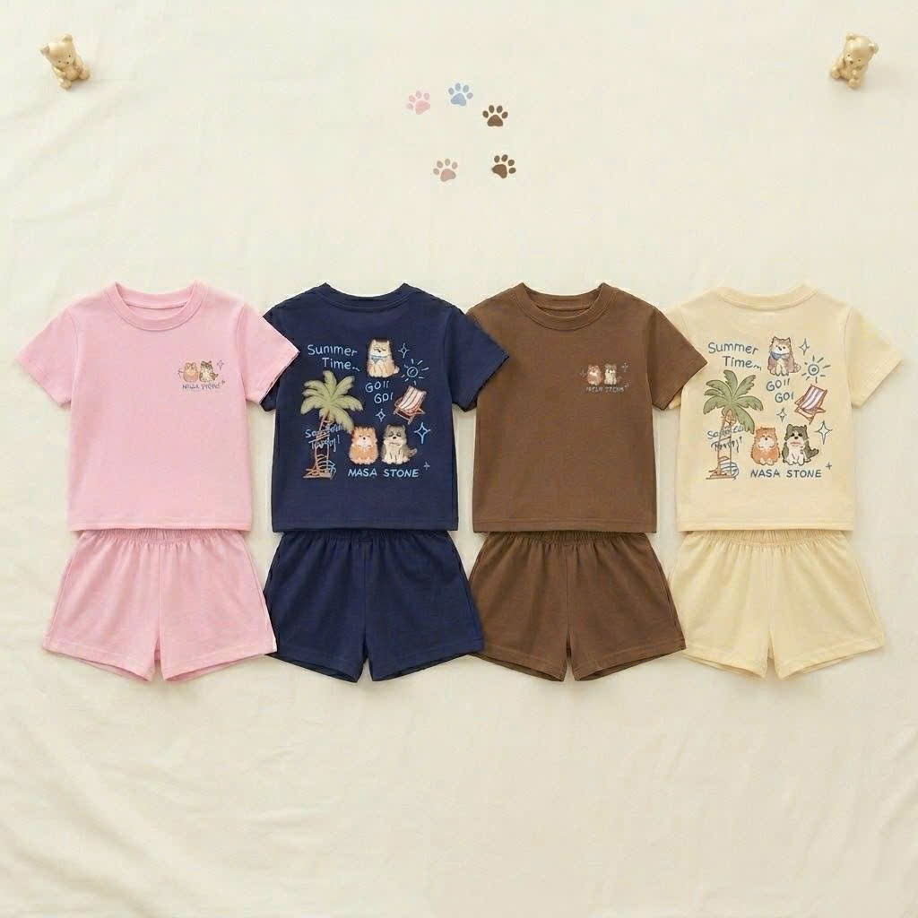 BST bộ cộc tay họa tiết SUMMER TIME chất liệu cotton thoáng mát, thoải mái cho bé vận động mùa hè câ