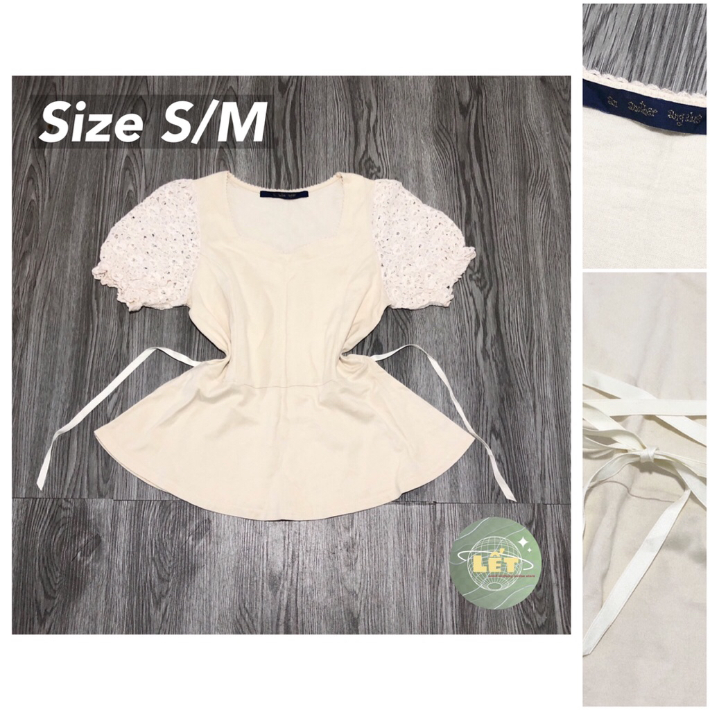 Áo thun phối ren chít eo màu be form xinh nữ tính Vintage Coquette hiệu AN ANOTHER ANGELUS [2HAND|hà