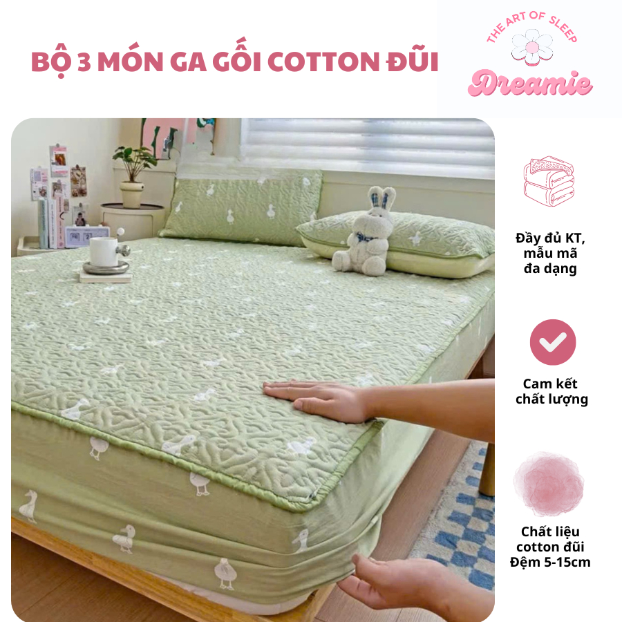 Bộ Ga Gối Trần Bông 3 Món Cotton đũi dệt bông xơ đậu lành - Full Size 1m2, 1m4, 1m6, 1m8, 2m2