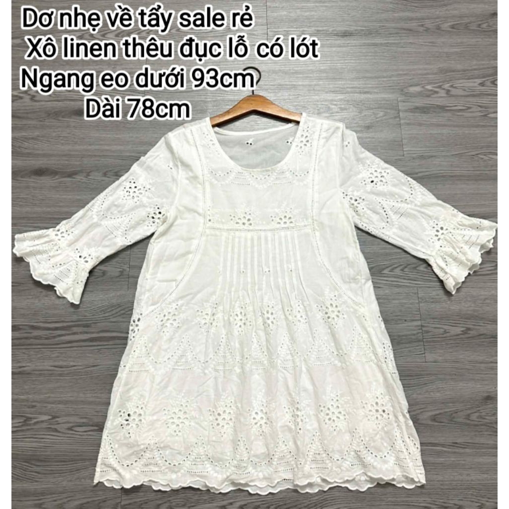 2hand xả rẻ Đầm suông xô linen thêu đục lỗ tay phối kiểu freesize <58kg bigsize bầu bí ok sang style