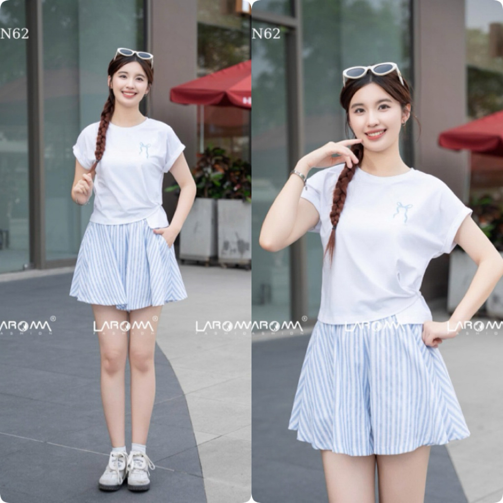 Set Bộ Đồ Nữ Laroma BN61/BN62 Xuân Hè - Áo Phông Snoopy Phối Chân Váy Rút Dây Siêu Xinh