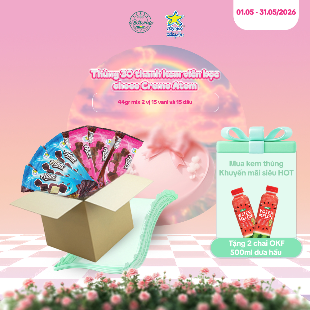 Thùng 30 thanh kem viên bọc choco Thái Lan Cremo Atom 44gr mix 2 vị 15 vani và 15 dâu ABetterLife