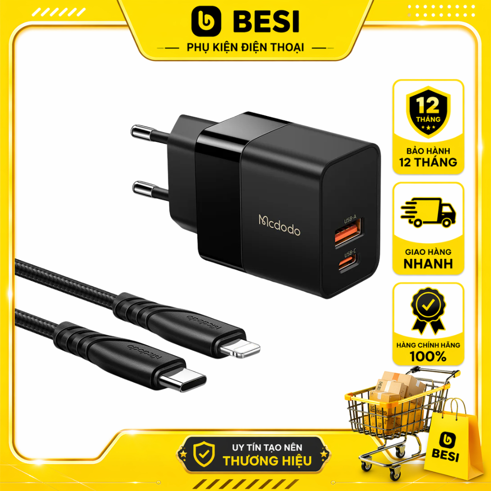 Bộ Sạc Nhanh Mcdodo 20W PD | 2 Cổng Type-C & USB, Hỗ Trợ Sạc Nhanh PD, QC, SCP
