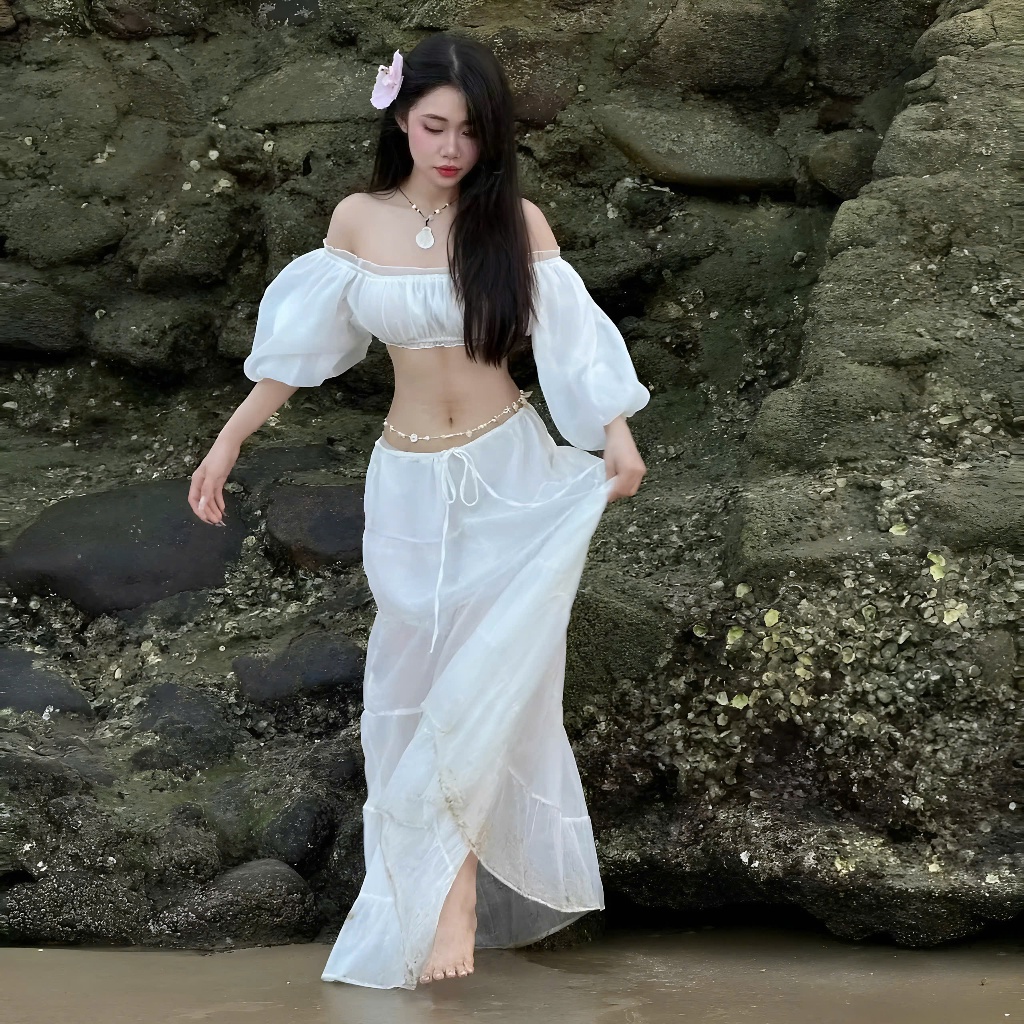Set Áo Trễ Vai Tay Bồng Croptop + Chân Váy Xoè Dáng Dài Chất Liệu Voan Tơ | BigBuy360 - bigbuy360.vn