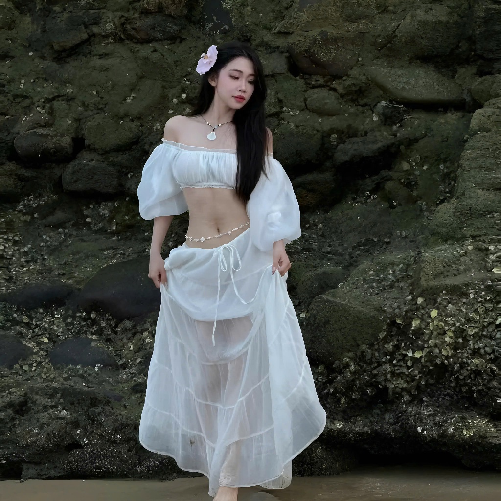 Set Áo Trễ Vai Tay Bồng Croptop + Chân Váy Xoè Dáng Dài Chất Liệu Voan Tơ | BigBuy360 - bigbuy360.vn