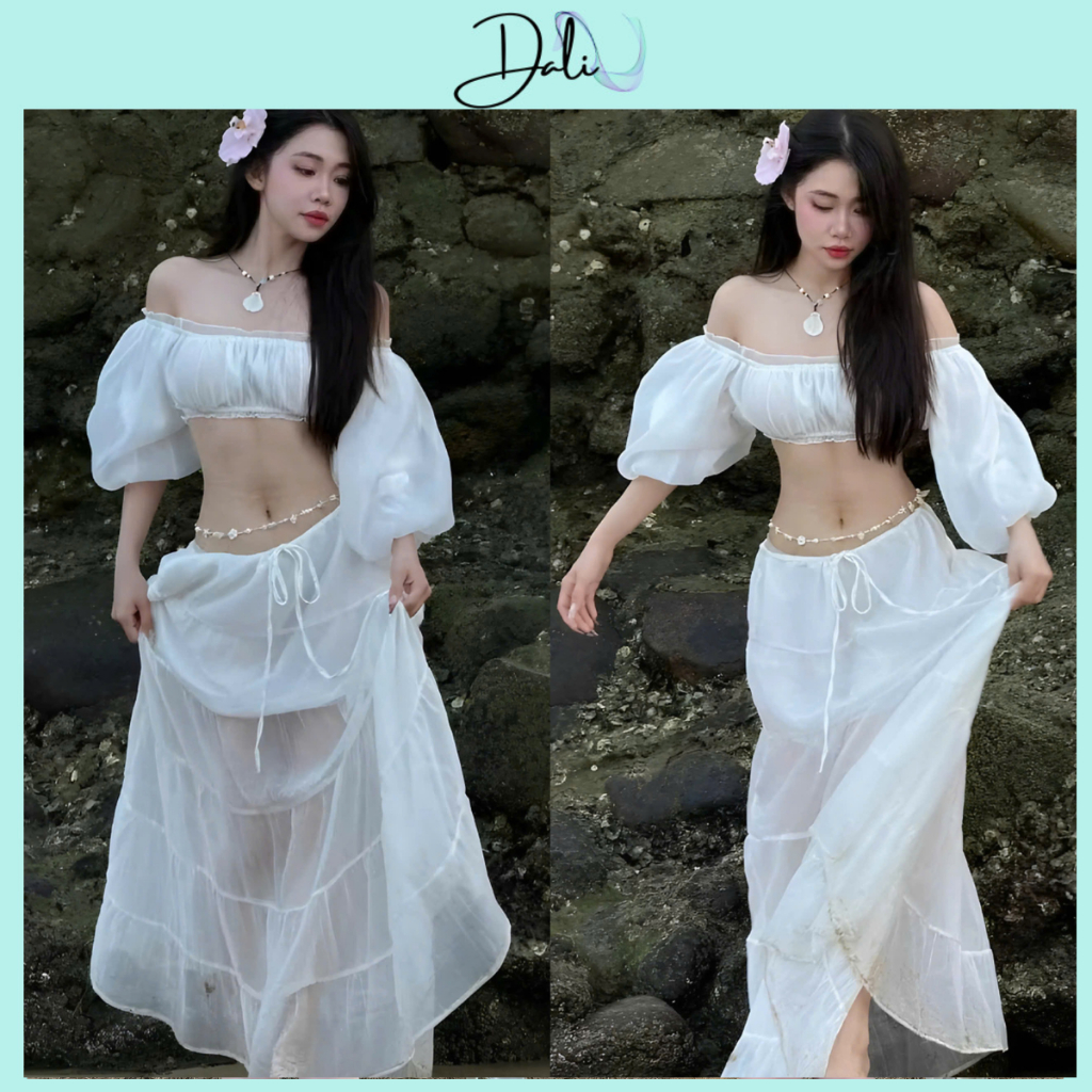Set Áo Trễ Vai Tay Bồng Croptop + Chân Váy Xoè Dáng Dài Chất Liệu Voan Tơ | BigBuy360 - bigbuy360.vn