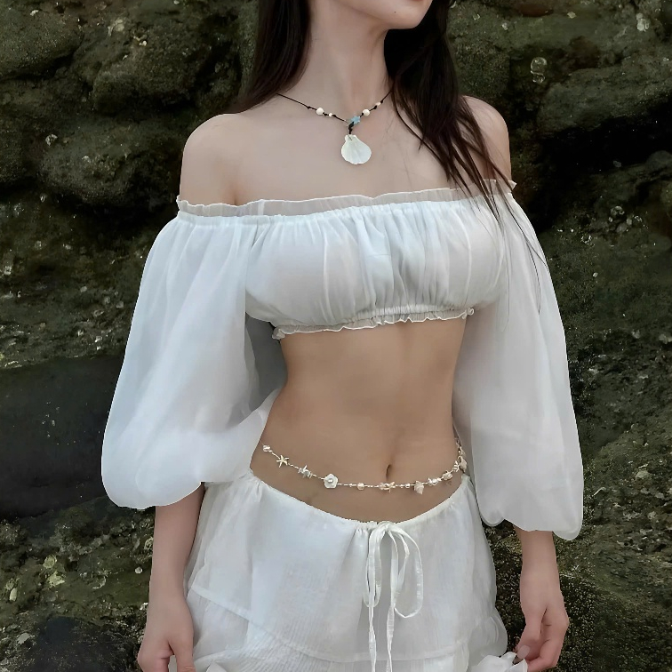 Set Áo Trễ Vai Tay Bồng Croptop + Chân Váy Xoè Dáng Dài Chất Liệu Voan Tơ | BigBuy360 - bigbuy360.vn