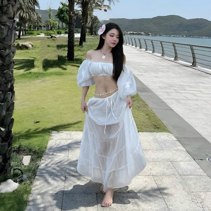 Set Áo Trễ Vai Tay Bồng Croptop + Chân Váy Xoè Dáng Dài Chất Liệu Voan Tơ | BigBuy360 - bigbuy360.vn