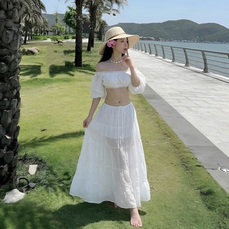 Set Áo Trễ Vai Tay Bồng Croptop + Chân Váy Xoè Dáng Dài Chất Liệu Voan Tơ | BigBuy360 - bigbuy360.vn