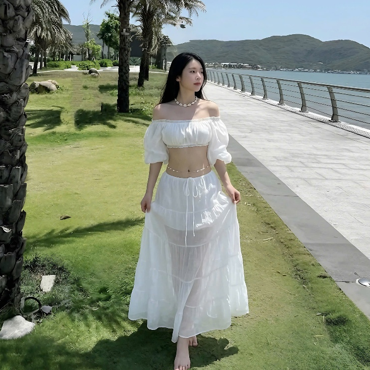 Set Áo Trễ Vai Tay Bồng Croptop + Chân Váy Xoè Dáng Dài Chất Liệu Voan Tơ | BigBuy360 - bigbuy360.vn