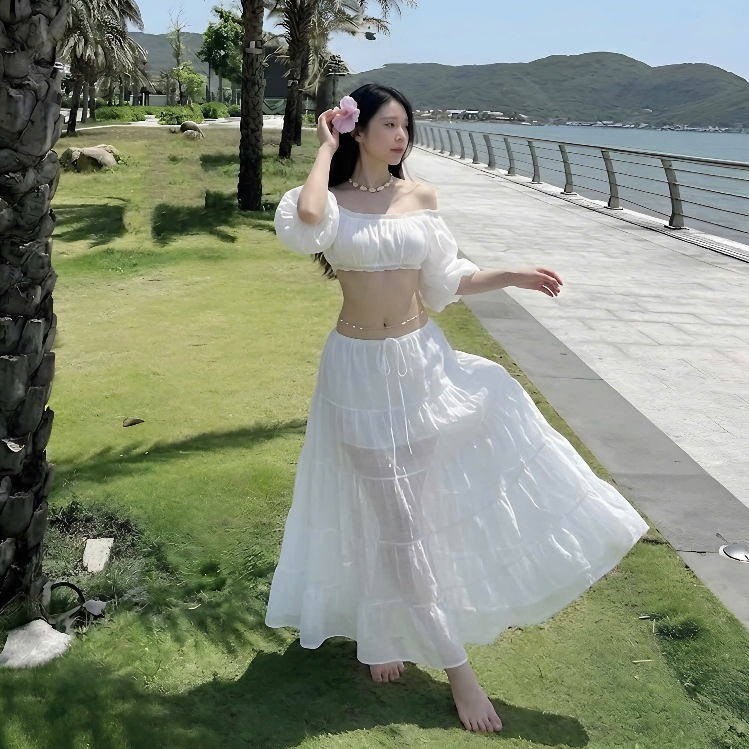 Set Áo Trễ Vai Tay Bồng Croptop + Chân Váy Xoè Dáng Dài Chất Liệu Voan Tơ | BigBuy360 - bigbuy360.vn