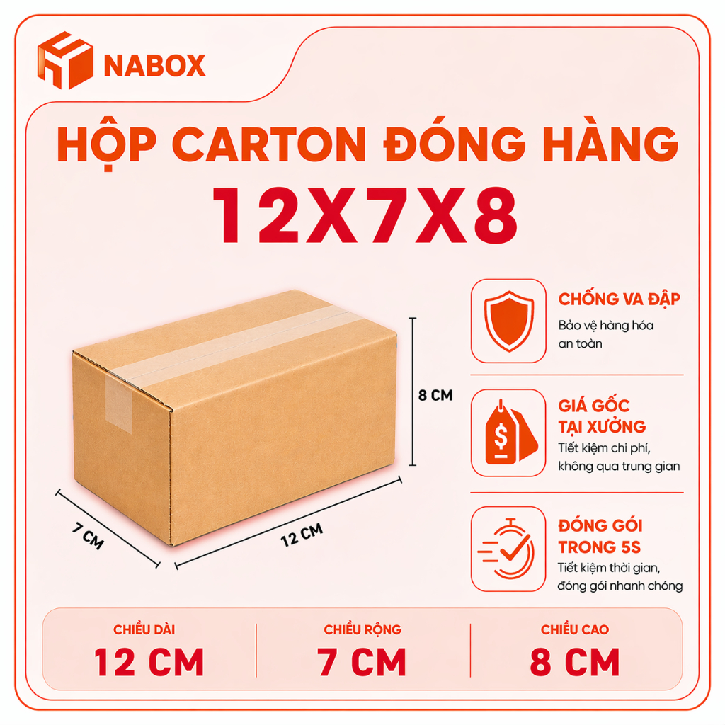 12x7x8 Combo 100 Hộp Carton Đóng Hàng Hộp Ship COD 3 Lớp sóng E/B Mặt Nâu