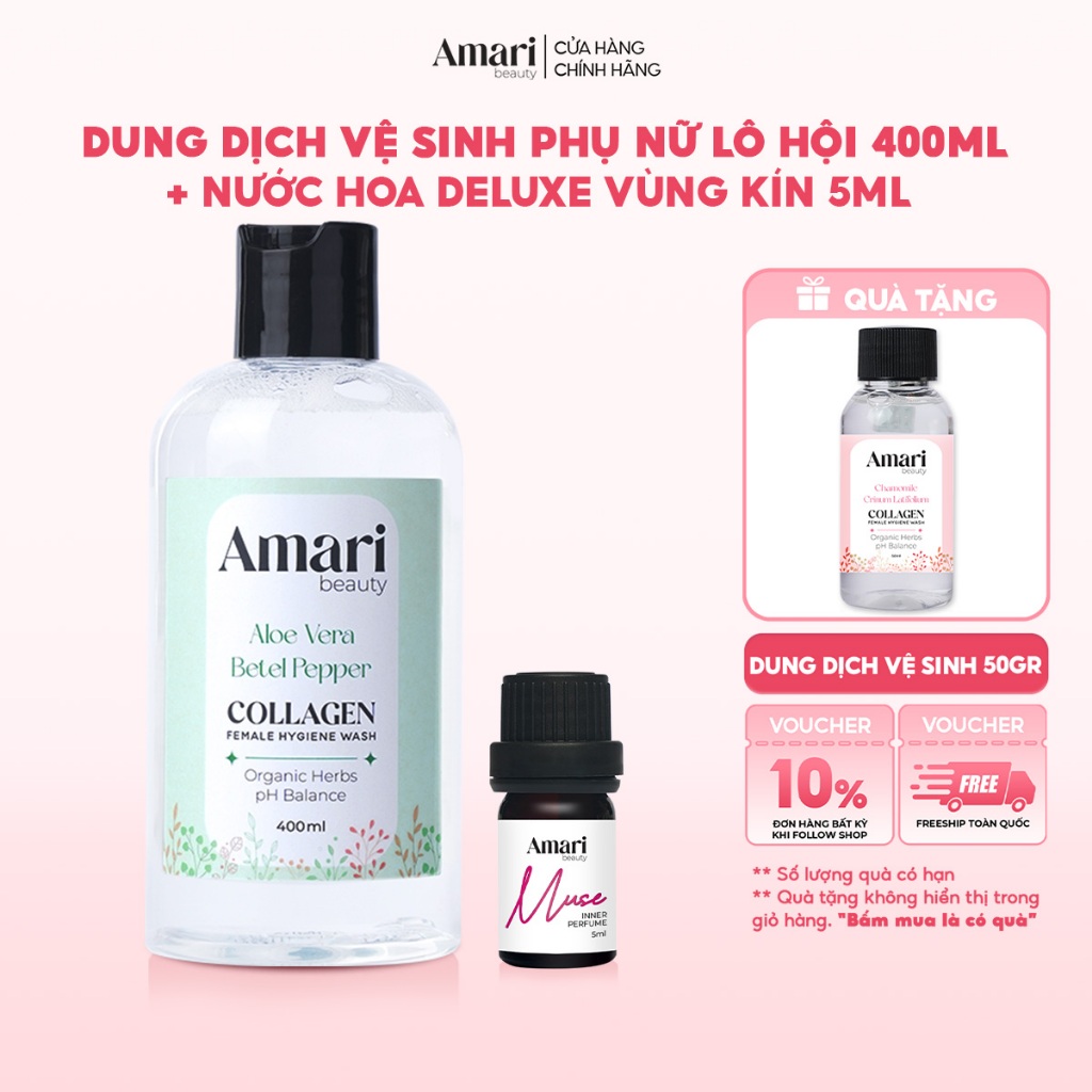 Combo Dung Dịch Vệ Sinh Phụ Nữ Hoa Cúc Collagen 400ml & Nước Hoa Vùng Kín Amari Beauty 5ml