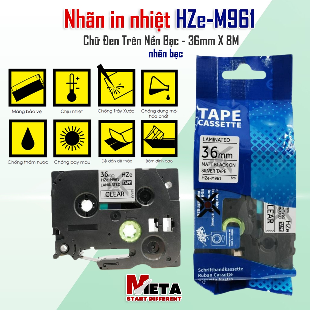 Nhãn In HZe-M961 (Chữ Đen Trên Nền Bạc, khổ 36mm X 8M) - Tương Thích Nhãn Brother TZe-M961