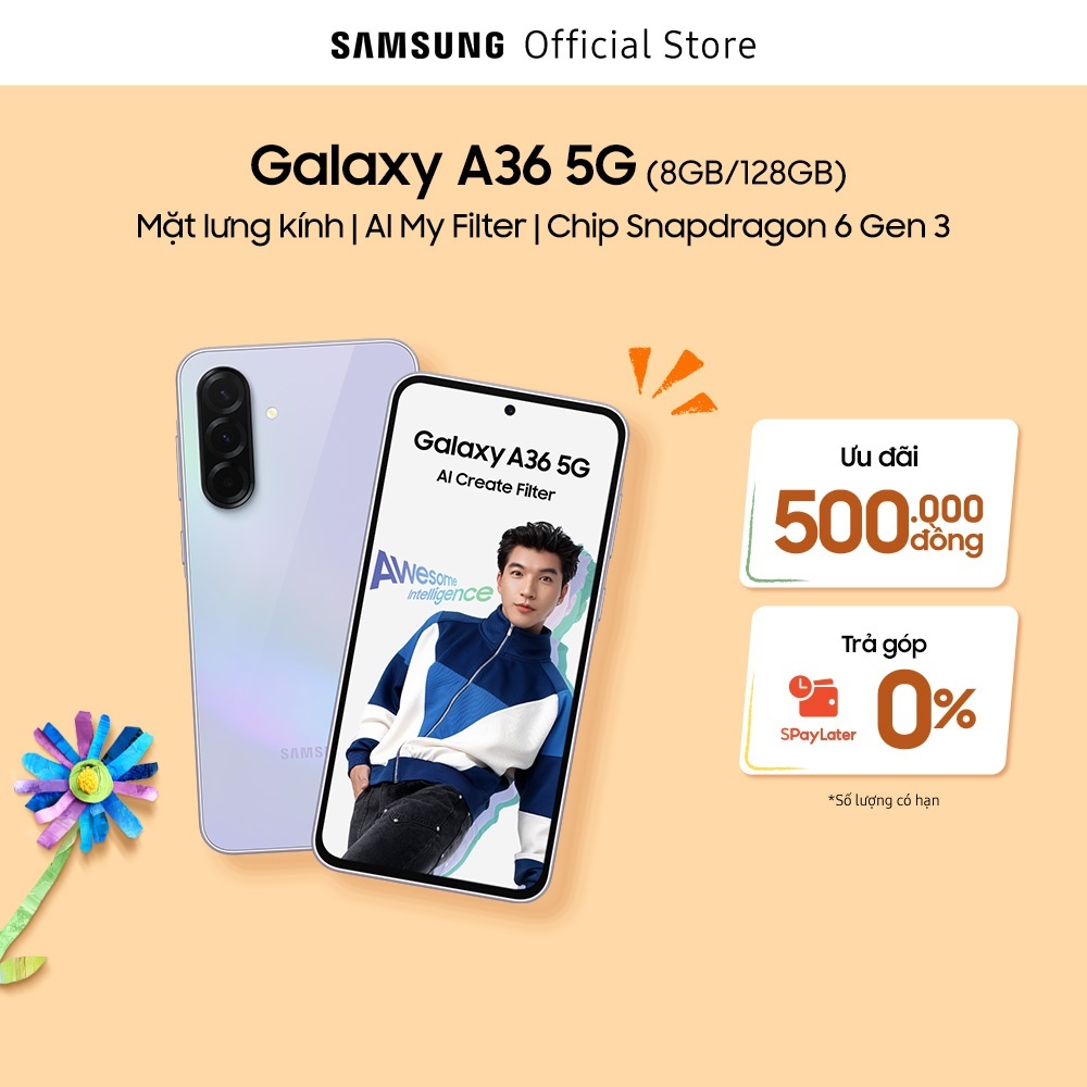 Điện thoại Samsung Galaxy A36 5G (8/128GB), Màn Hình FHD 6.7”, Mặt lưng kính, AI-Create Filter, Chip Snapdragon 6 Gen 3