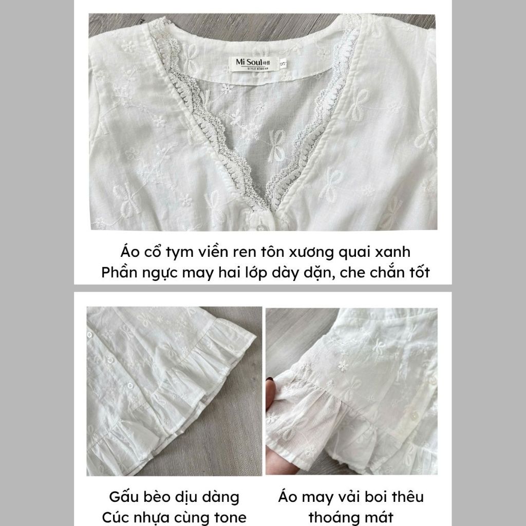 Áo Sơ Mi Nữ Cổ V Phối Viền Ren Tay Bồng Chất Thô Kẻ MiSoul 524, Áo Kiểu Cổ Ren Tay Con | BigBuy360 - bigbuy360.vn